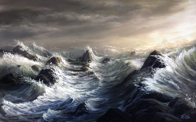 Stormy Sea with Rocks — Gray
