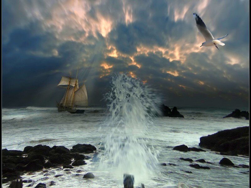 Stormy sea with sailing ship