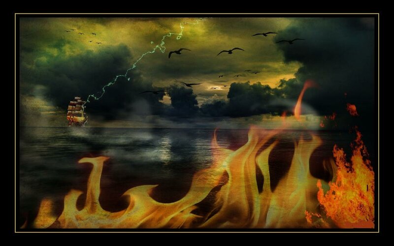 Stormy sea with ship and fire