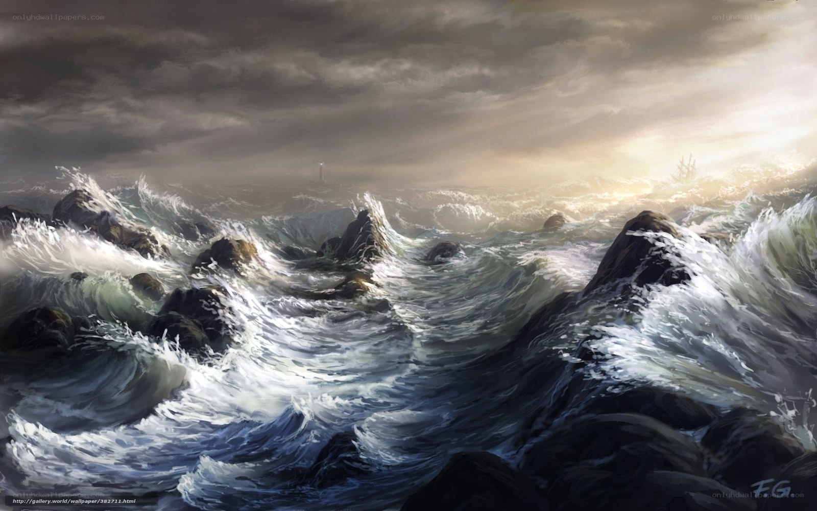 Stormy sea with shipwreck