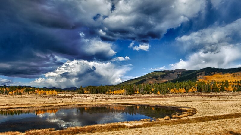Stormy sky over autumn wetland