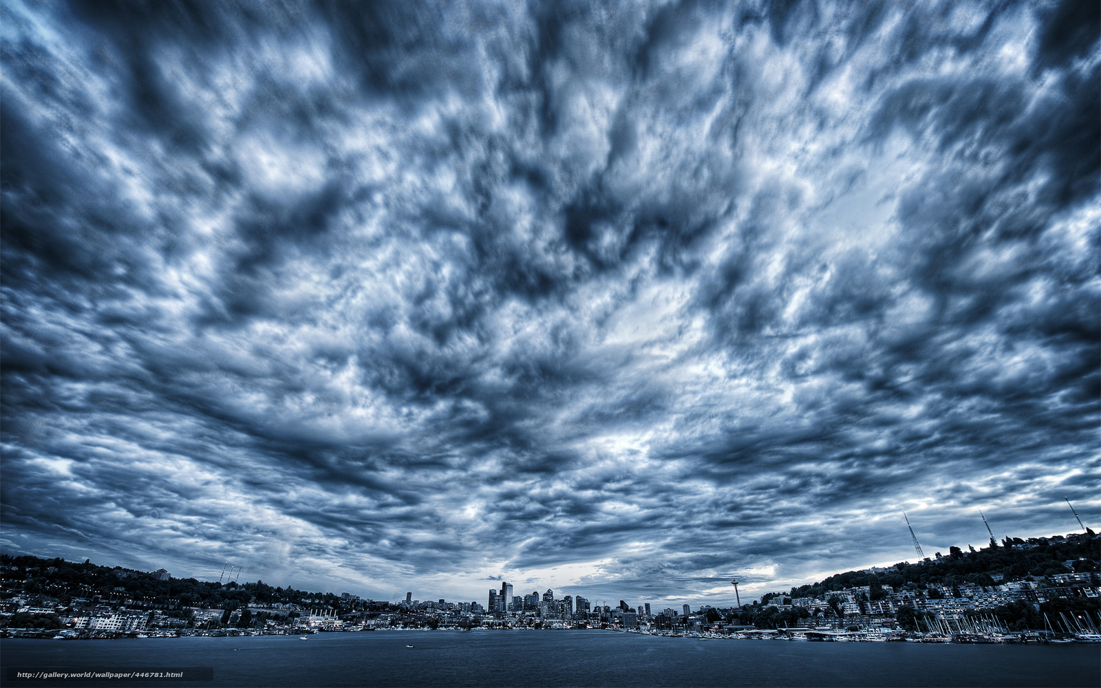 Stormy sky over city harbor