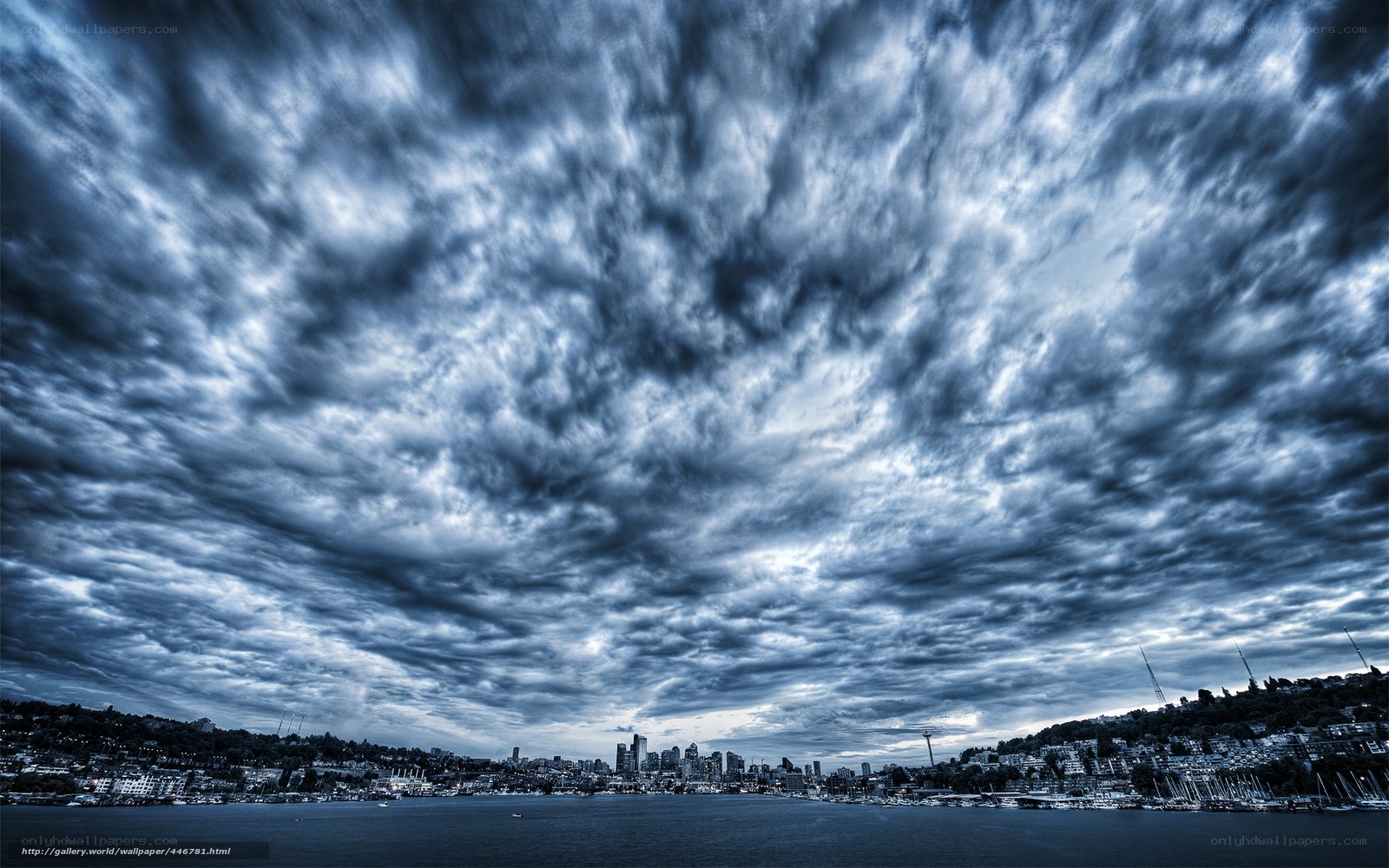 Stormy sky over city harbor