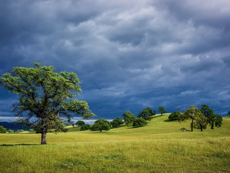 Stormy sky over green hills
