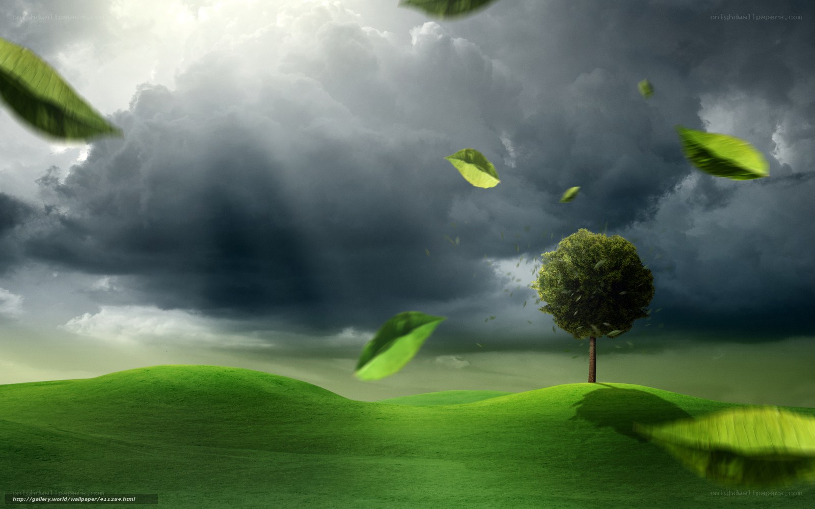 Stormy sky over green hills