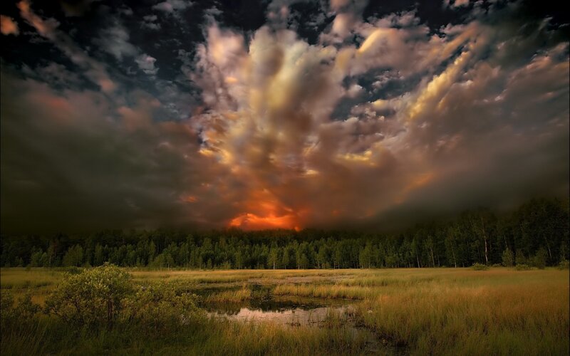 Stormy Sky over Marsh — Orange, Dramatic, Sunset, Photograph