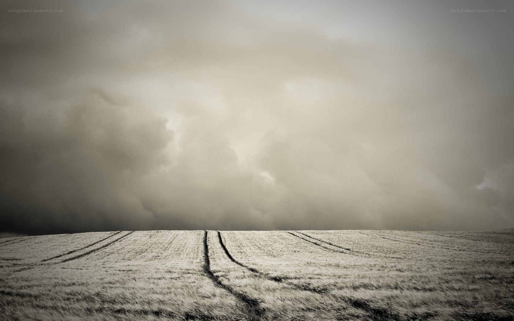 Stormy sky over plowed field