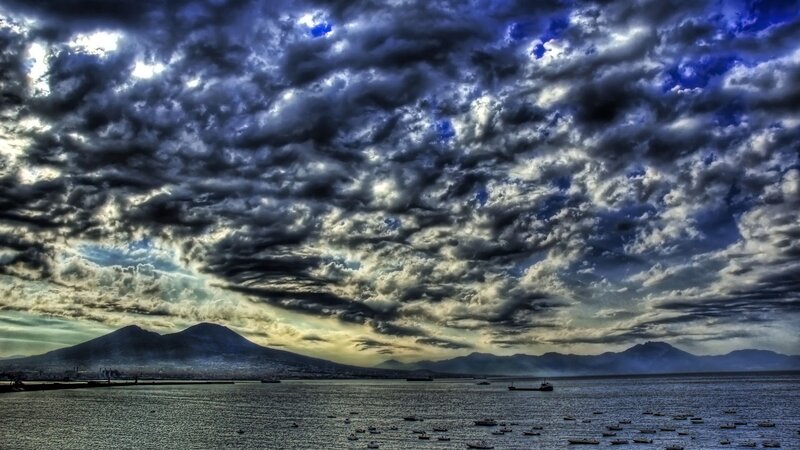 Stormy sky over volcanic island