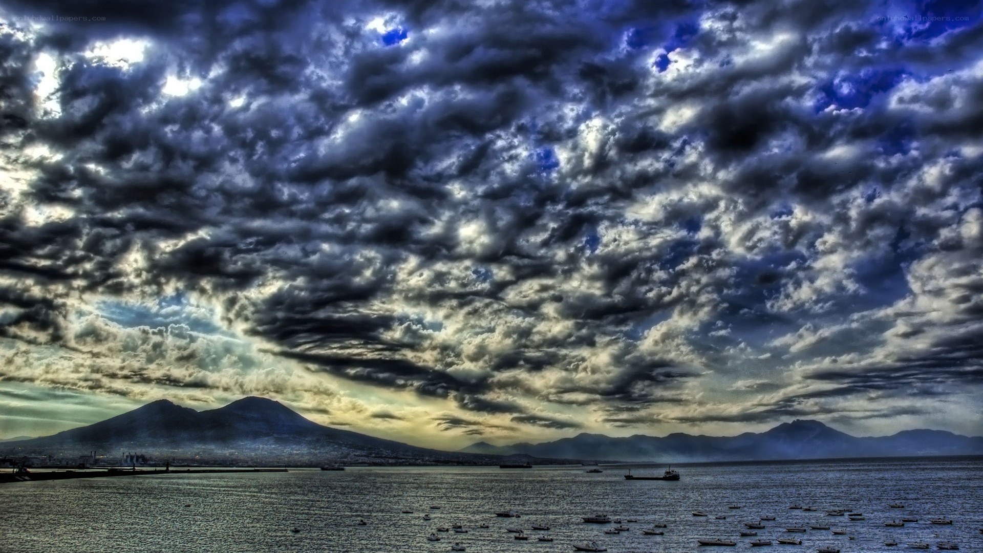 Stormy sky over volcanic island