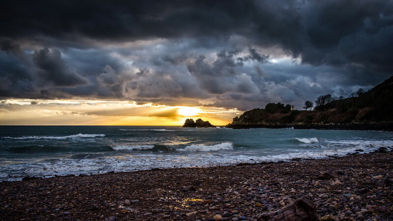 Stormy Sunset at Rocky Beach — Gray