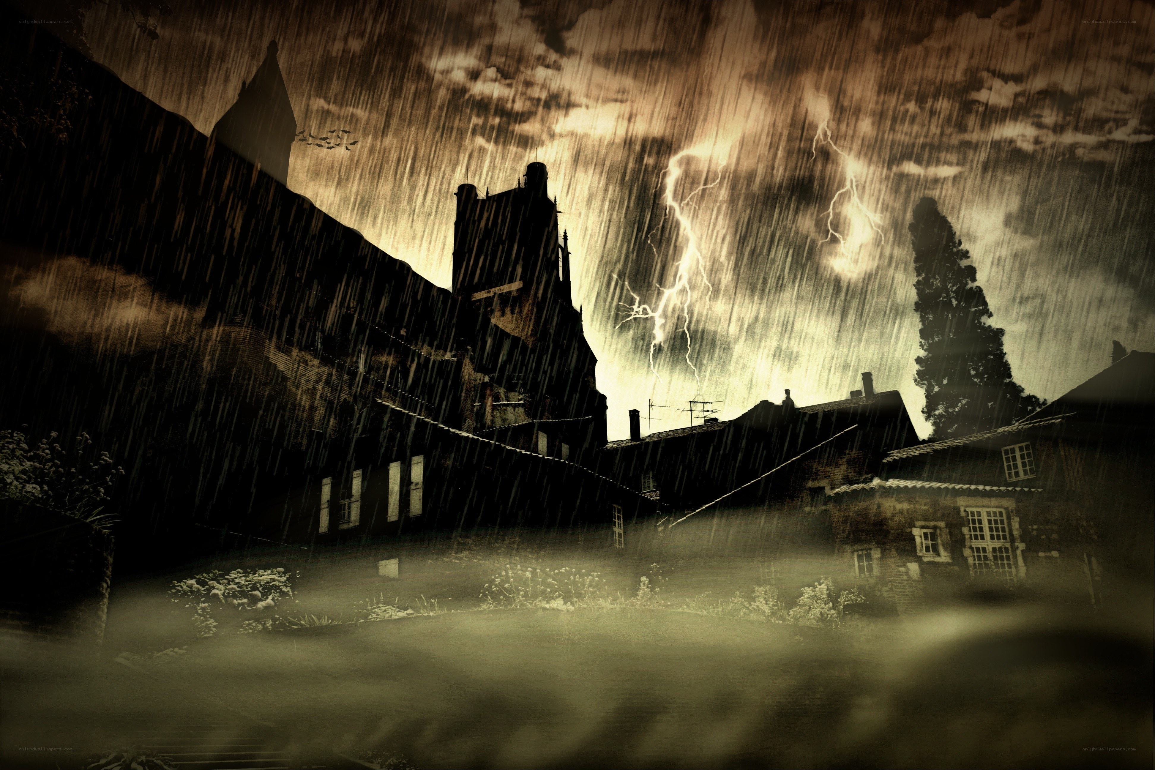 Stormy village at night