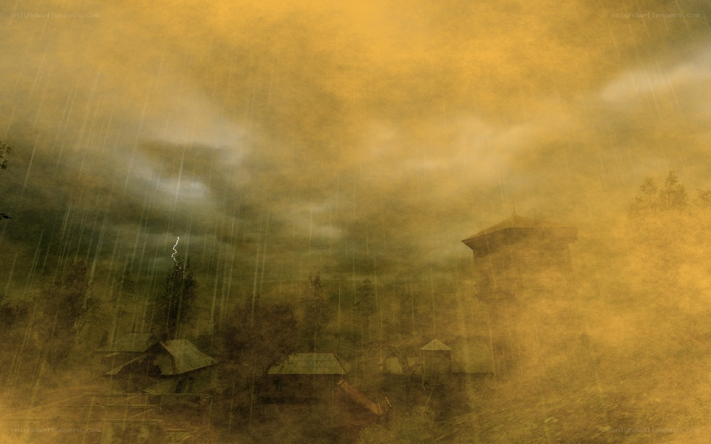 Stormy village scene