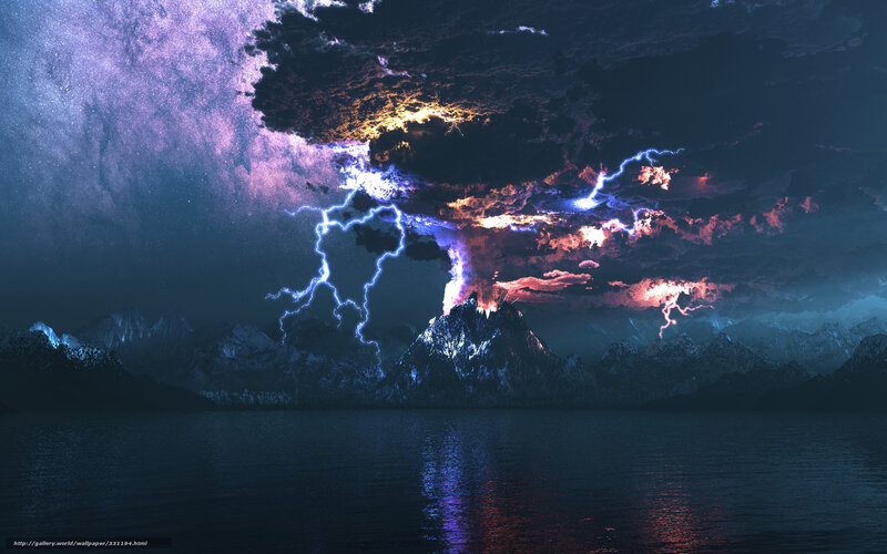 Stormy Volcano Over Lake