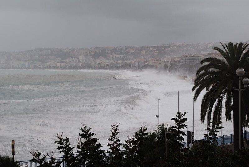 Stormy waves at a coastal city