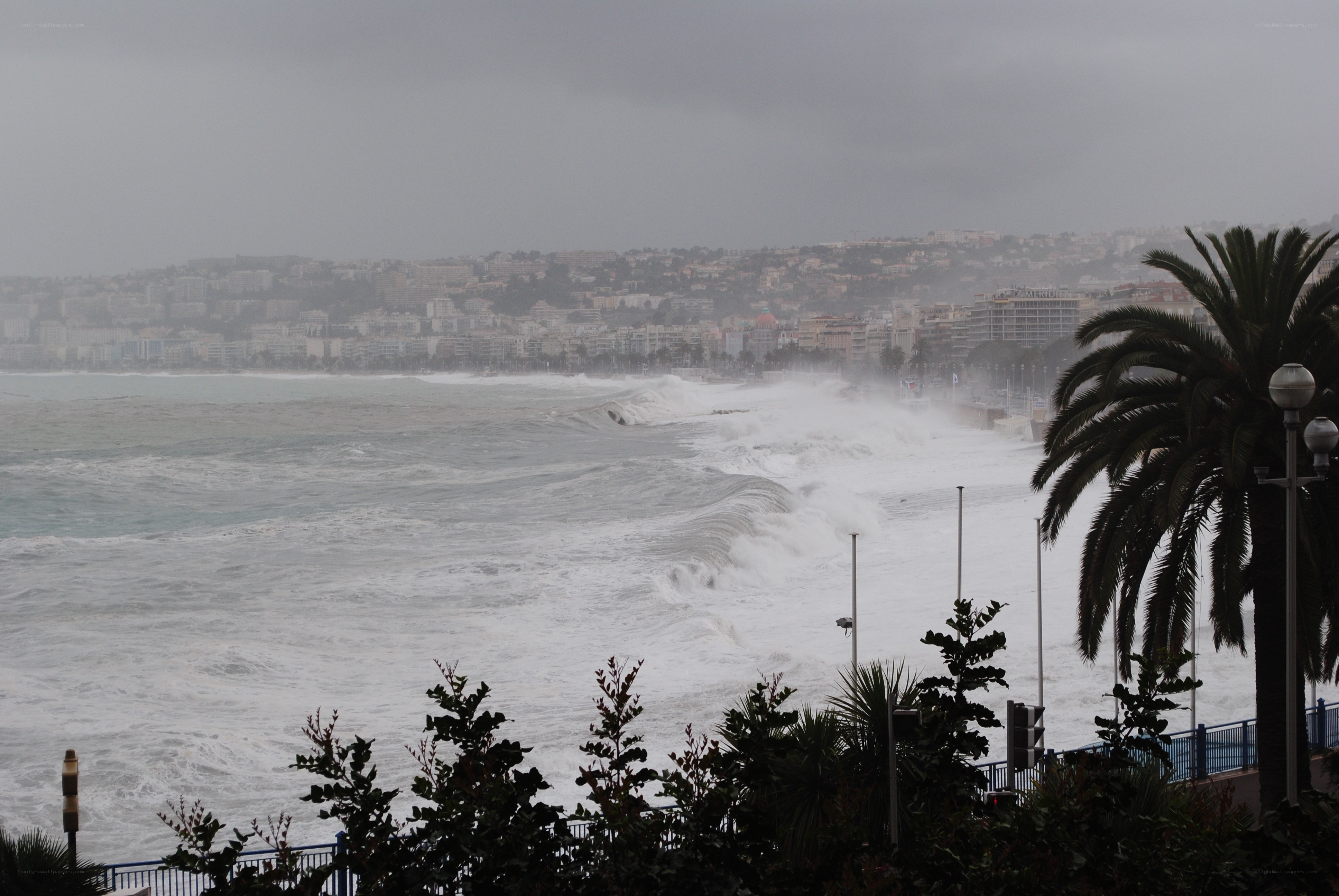 Stormy waves at a coastal city