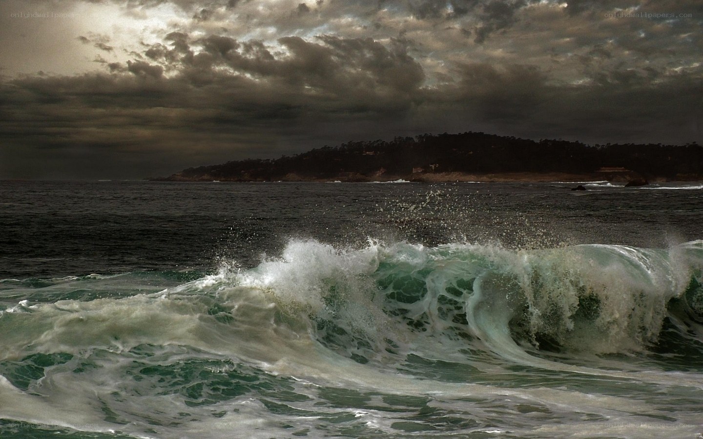 Stormy waves crashing on shore