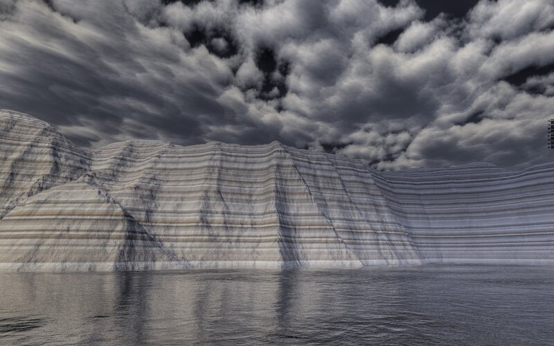 Stratified cliffs by water