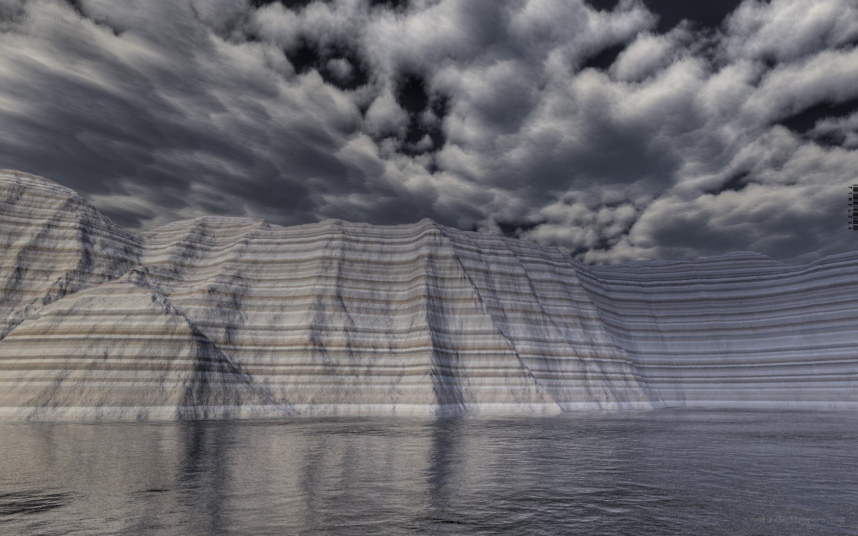 Stratified cliffs by water