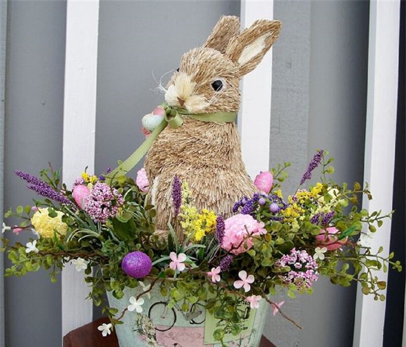 Straw Bunny in Floral Arrangement