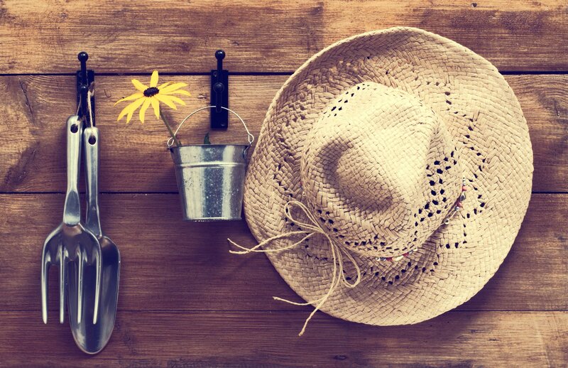 Straw Hat and Gardening Tools