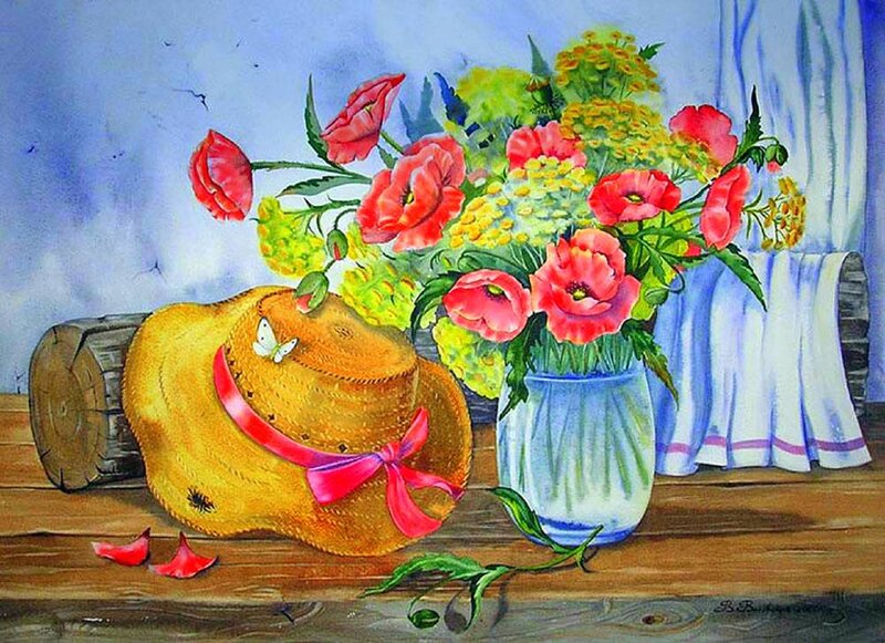Straw Hat with Flowers — Blue