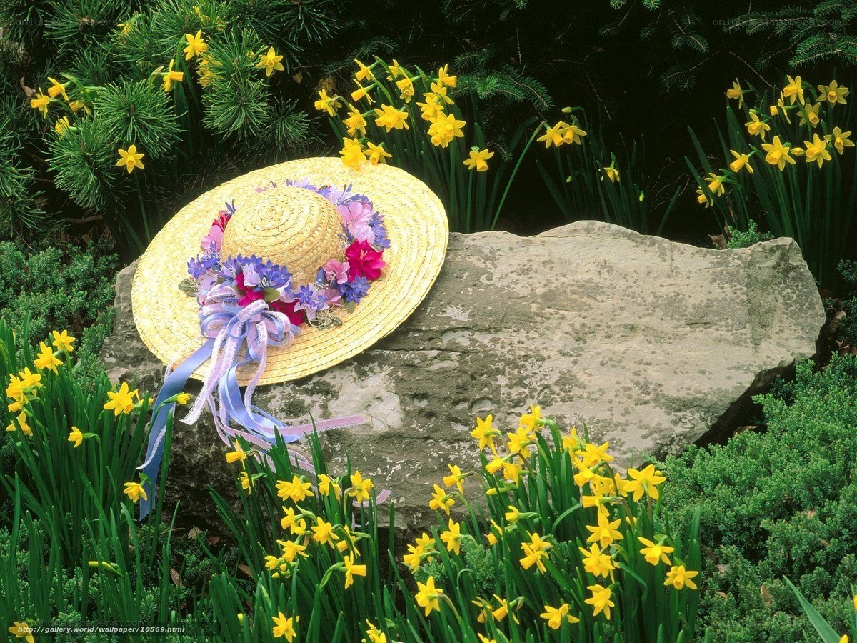 Straw hat with flowers in garden