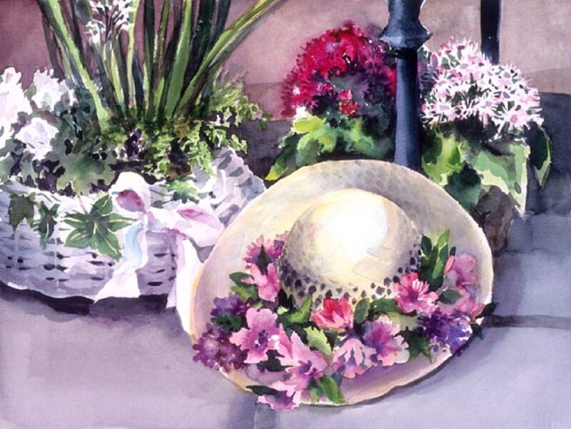 Straw Hat with Flowers — Pink, Serene, Afternoon