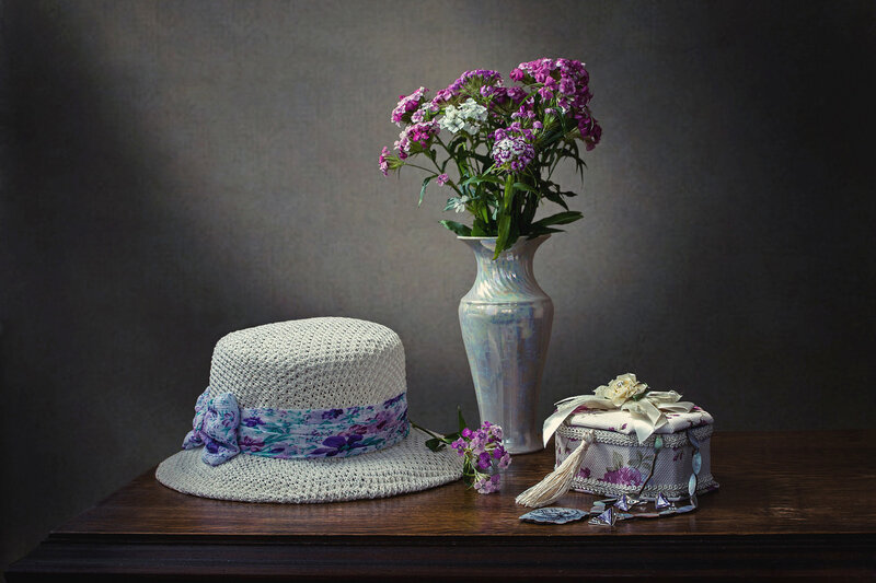 Straw Hat with Flowers — Purple, Serene, Photograph