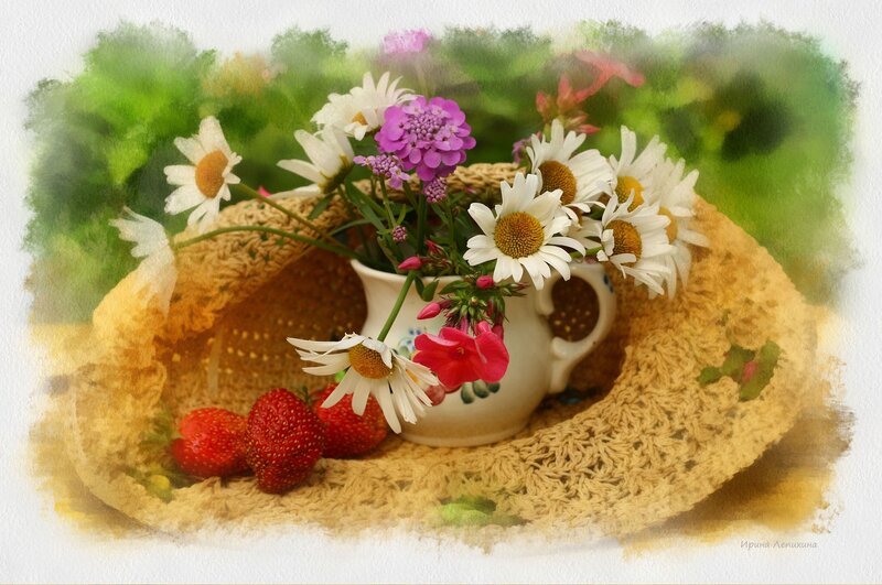 Straw Hat with Flowers — White, Serene, Summer