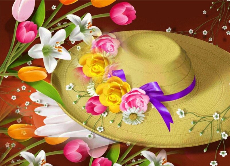 Straw Hat with Flowers — Yellow, Festive, Spring, Digital Art, Ribbon