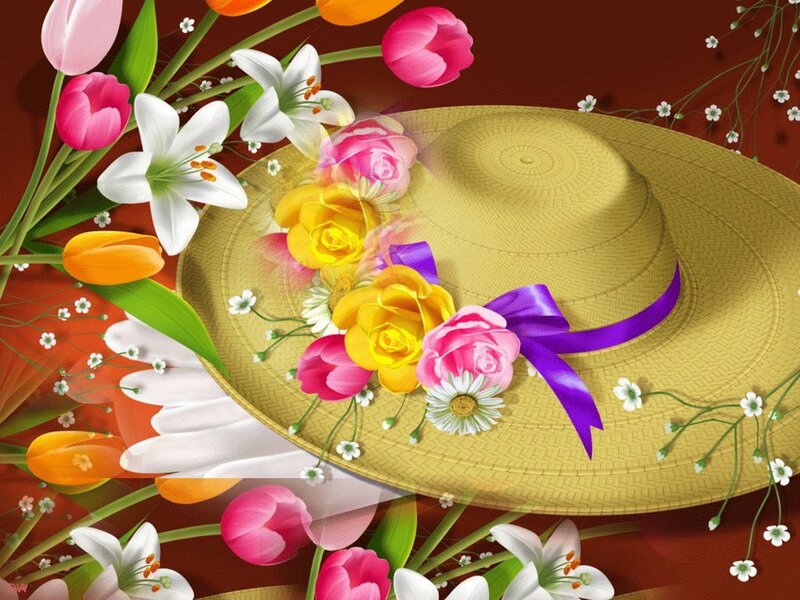 Straw Hat with Flowers — Yellow, Festive, Spring, Digital Art