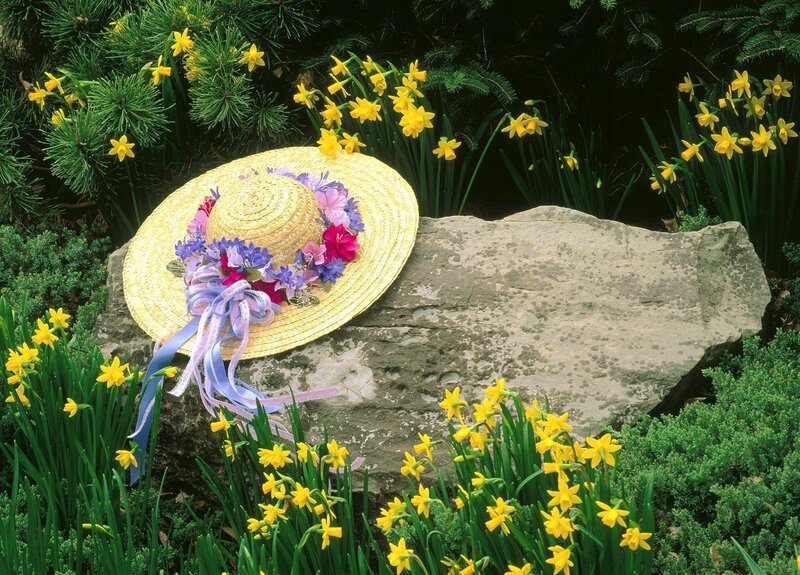 Straw Hat with Flowers — Yellow, Serene, Spring, Photograph, Daffodils