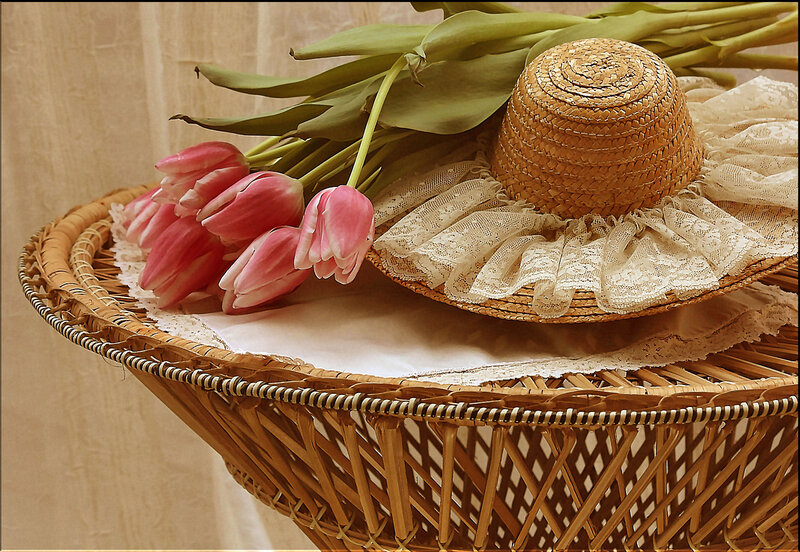 Straw Hat with Tulips