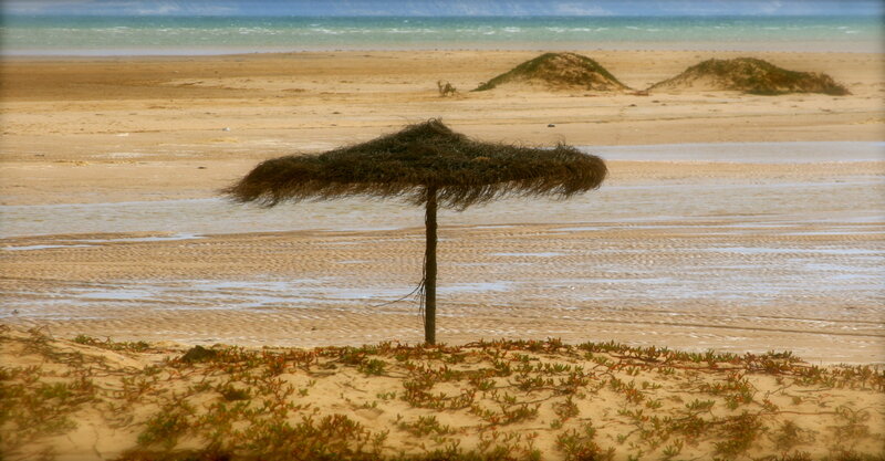 Straw umbrella on a sandy beach
