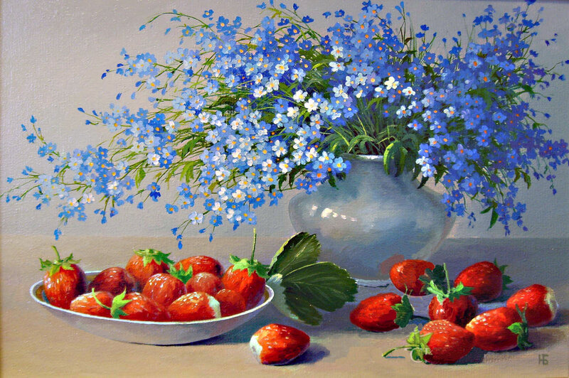 Strawberries and Blue Flowers — Serene
