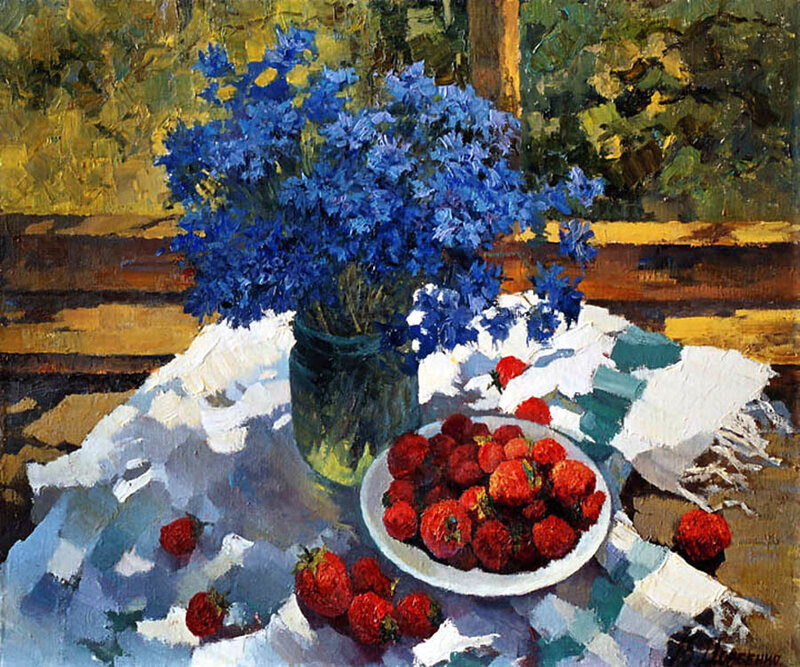 Strawberries and Blue Flowers