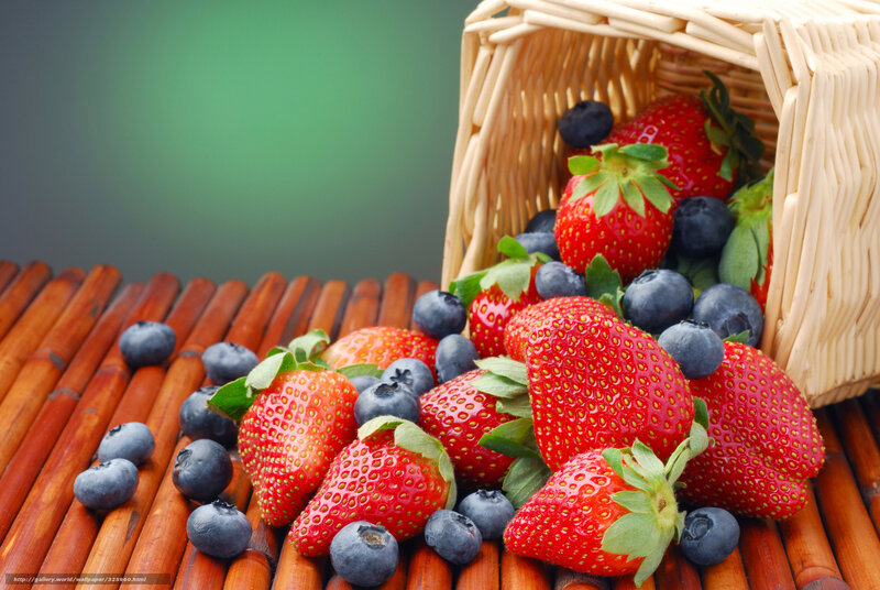 Strawberries and Blueberries — Red, Fresh, Photograph, Basket, Bamboo Mat, Fruit