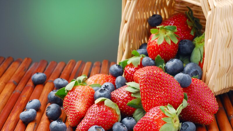 Strawberries and Blueberries — Red, Fresh, Photograph, Basket, Bamboo Mat