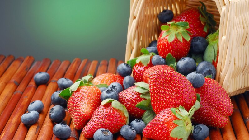 Strawberries and Blueberries — Red, Fresh, Photograph, Basket, Bamboo Surface