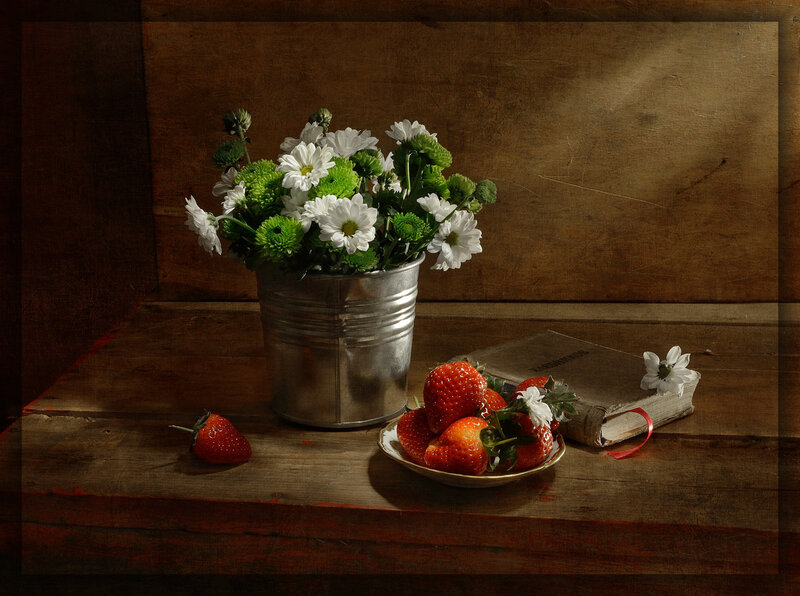 Strawberries and Flowers — Brown, Dramatic