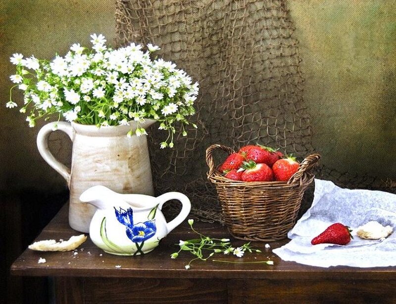 Strawberries and Flowers — Brown, Serene, Painting