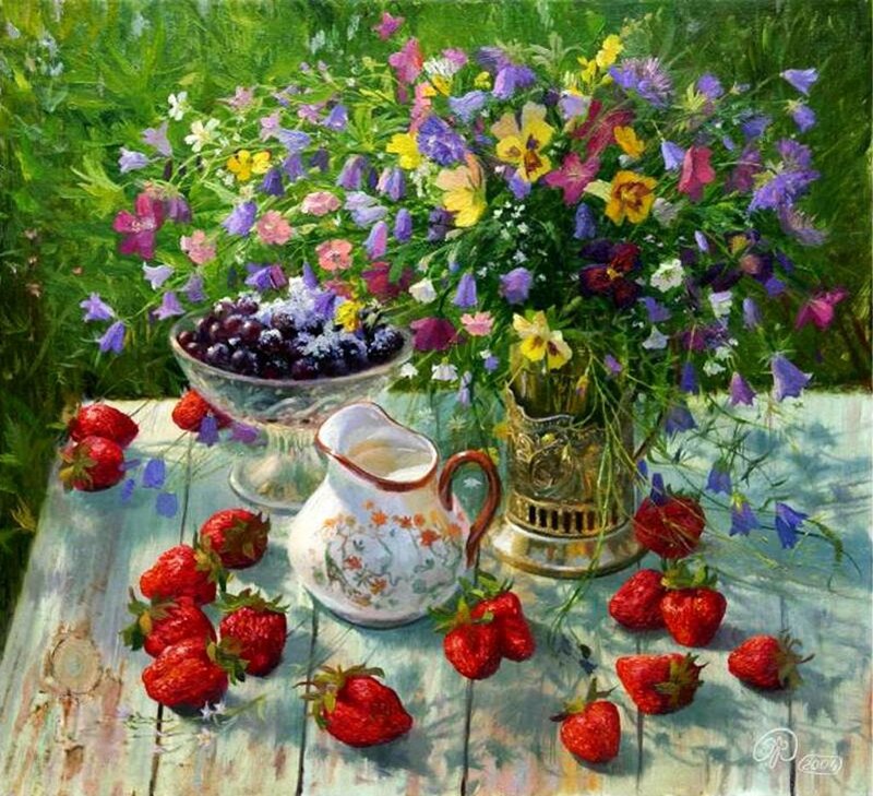 Strawberries and Flowers — Green, Serene, Summer