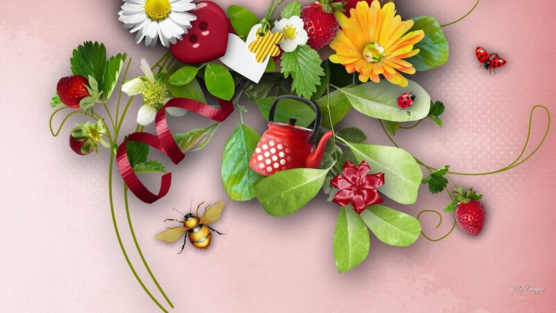 Strawberries and Flowers — Pink, Cheerful