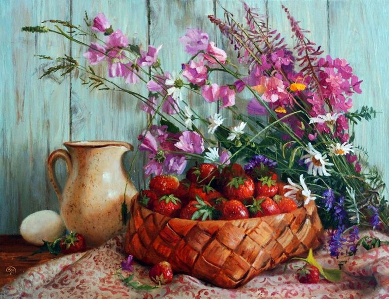 Strawberries and Flowers — Pink, Serene, Summer
