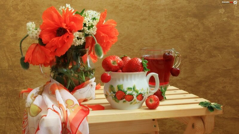 Strawberries and Flowers — Red, Calm, Photograph, Fruit