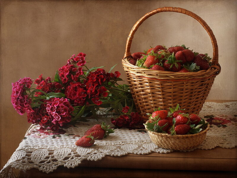 Strawberries and Flowers — Red, Calm, Photograph