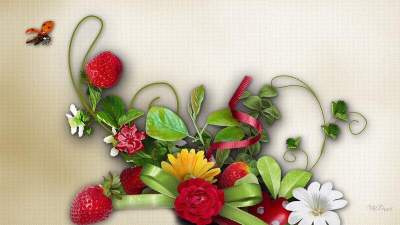 Strawberries and Flowers — Red, Cheerful