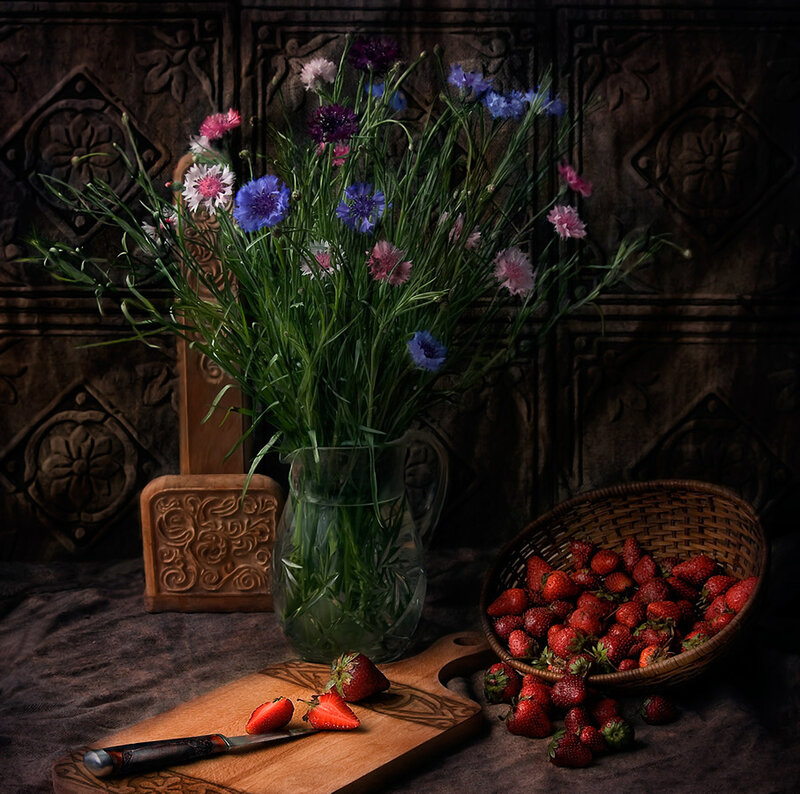 Strawberries and Flowers — Red, Dramatic, Photograph