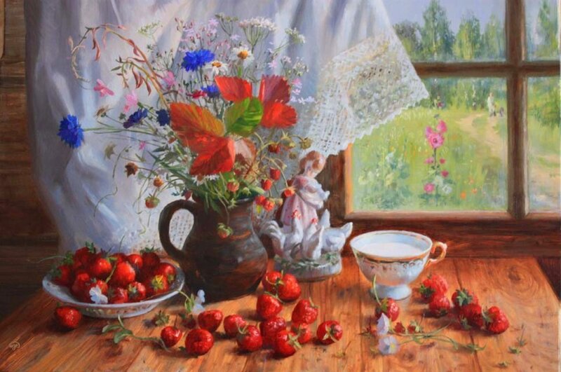 Strawberries and Flowers — Red, Serene, Afternoon