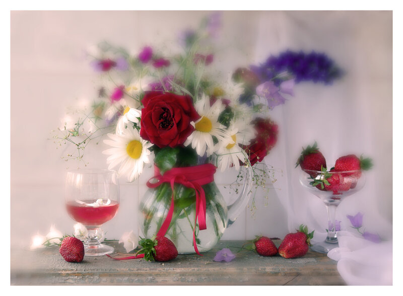 Strawberries and Flowers — Red, Serene, Photograph